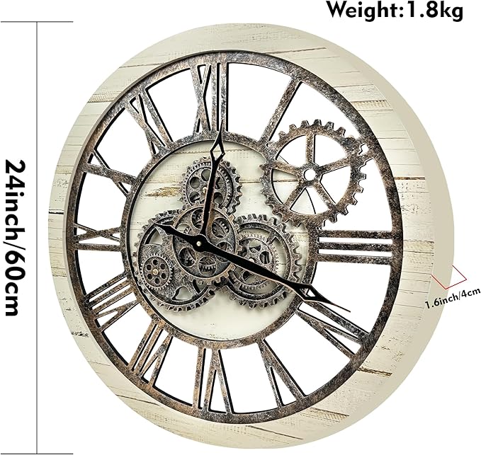 The B-Style Large Wall Clock 24 inch Moving Gear Wall Clock Oversized Vintage Farmhouse Wall Clocks for Living Room Decor Rustic Industrial Wood Clock (Desert Beige, 24 inch/60cm)