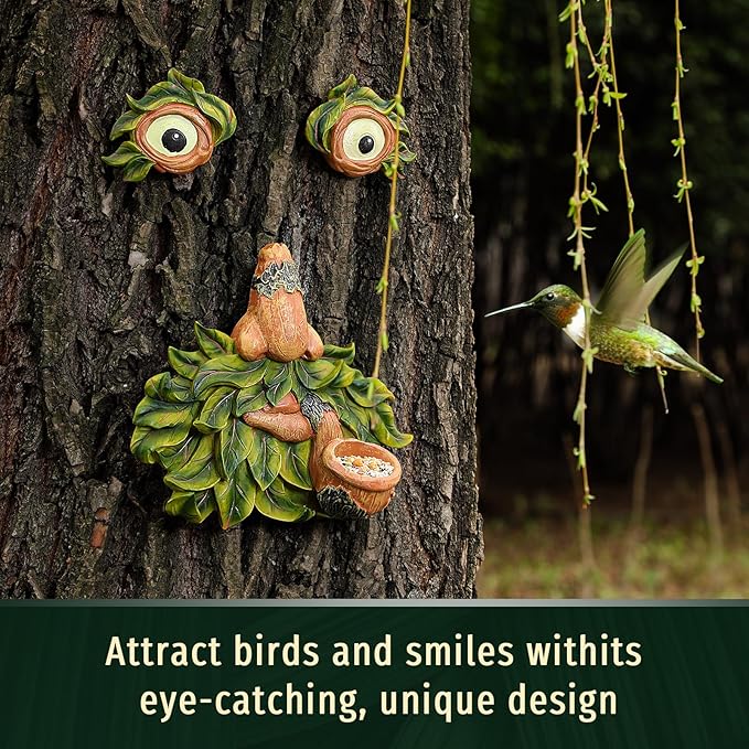 Tree Face Decor Outdoor,Whimsical Outdoor Art with Bird Feeder,Tree Hugger Bark Ghost Face Decoration Funny Yard Art,Garden Creative Decoration (12 INCH)