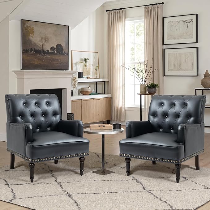 UIXE PU Leather Accent Chairs Set of 2, Modern Upholstered Armchair for Living Room, Comfy Arm Chair Single Sofa Reading Seat with Wooden Legs for Office Home Bedroom - Black