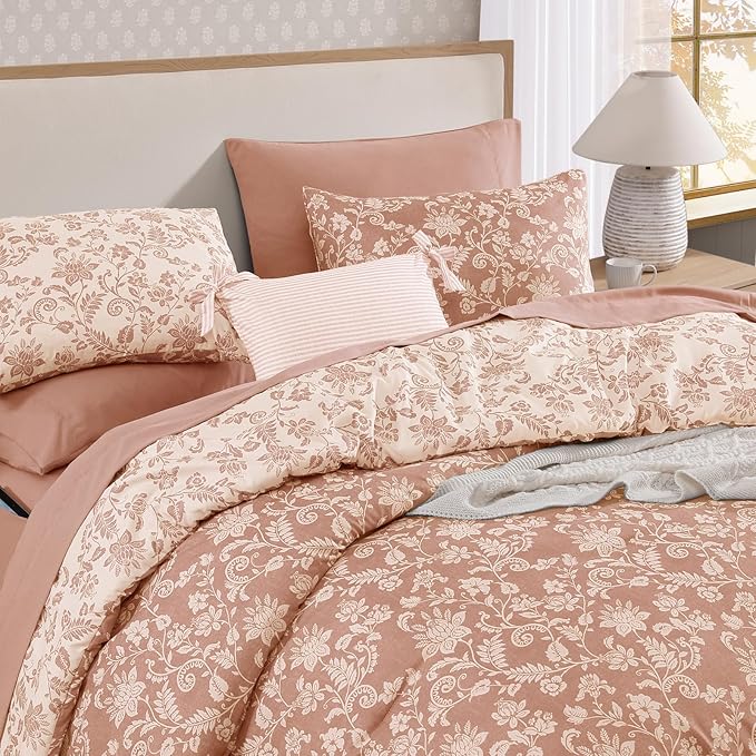 Full Comforter Set -7 Pieces Clay Pink Floral Comforter Set for All Seasons, Bed in a Bag Full with Botanical Flowers Comforter, Sheets, Pillowcases & Shams