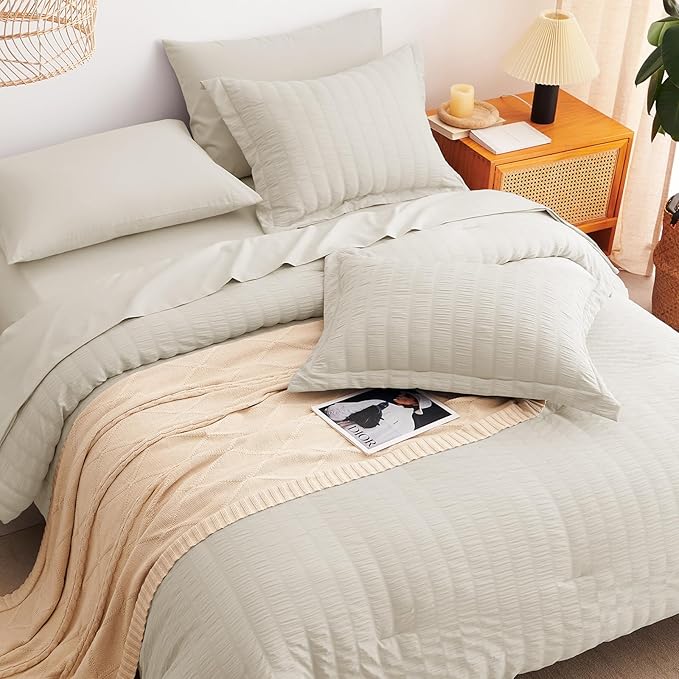 CozyLux King Size Comforter Set Oatmeal Seersucker 7 Pieces Bed in a Bag King Comforter Set with Sheets, Luxury Bedding Set with Down Alternative Comforter, Sheets, Pillowcases & Shams All Seasons