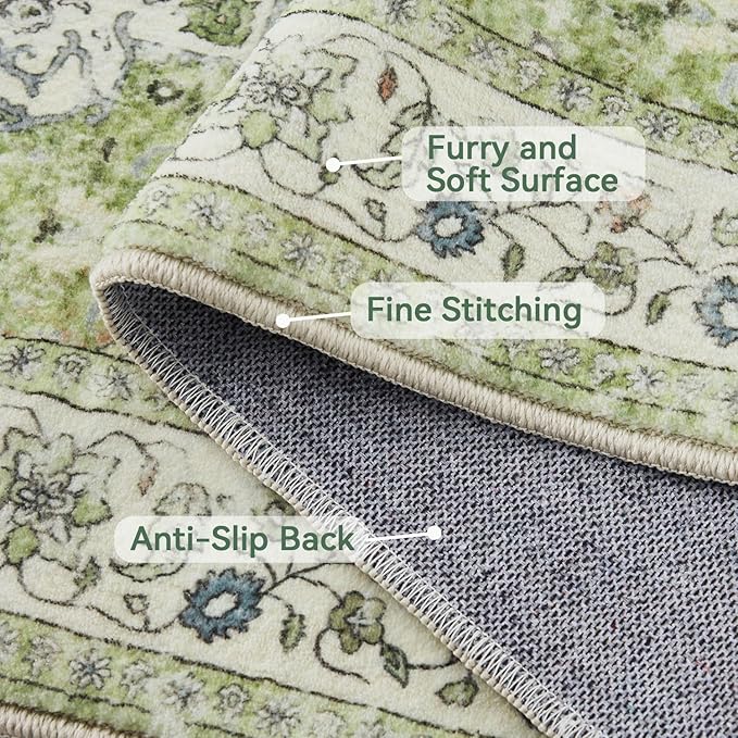 Topllen Washable Area Rug - 5'x7' Boho Living Room Rug, Non-Slip Soft Rugs Indoor for Bedroom Dining Room Office, Vintage Throw Large Carpet Stain Resistance (Green, 5x7ft)