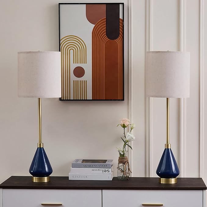 32" Blue Gold Buffet Table Lamps for Living Room Set of 2, Ceramic Buffet Lamps Set of 2 for Console Table, Tall Navy Blue Lamps Set 2, Contemporary Candlestick Lamps for Hallway, Credenza, Bedroom