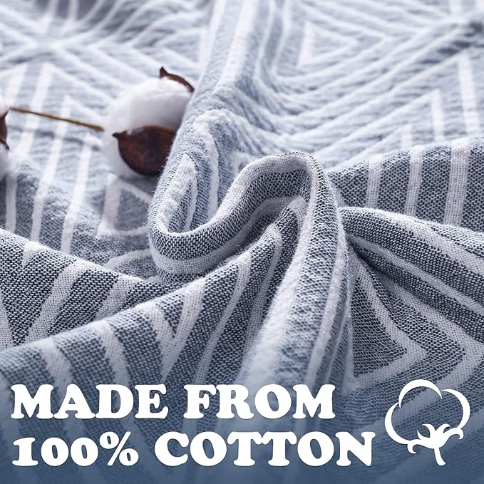 JINCHAN Boho 100% Cotton Blanket Muslin Twin Size 60x80 Inches Lightweight 3-Layer Geometric Triangle Striped Pattern Reversible Quilt Throw Soft Breathable Comfy All Seasons for Couch Bed Decor, Blue