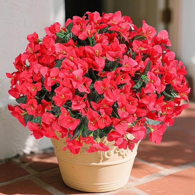 Ivydale Artificial Bougainvillea Flowers for Outdoors Decoration, 4 Bundles Fake Flower UV Resistant Realistic Silk Flowers for Outside, Faux Plants for Planter Patio Porch Home Decor (Red)
