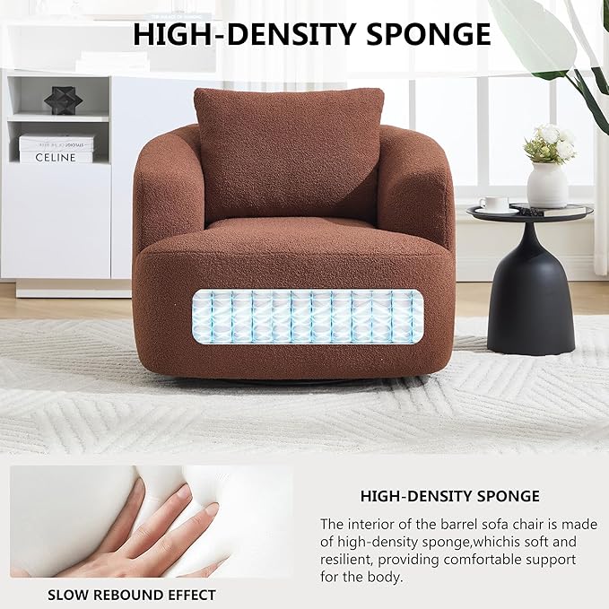 Luxlen Swivel Accent Chair with Pillow for Living Room, Teddy Fleece Upholstered Single Sofa, 360° Rotating Barrel Chair with Metal Base for Bedroom, Office, Apartment - Brown