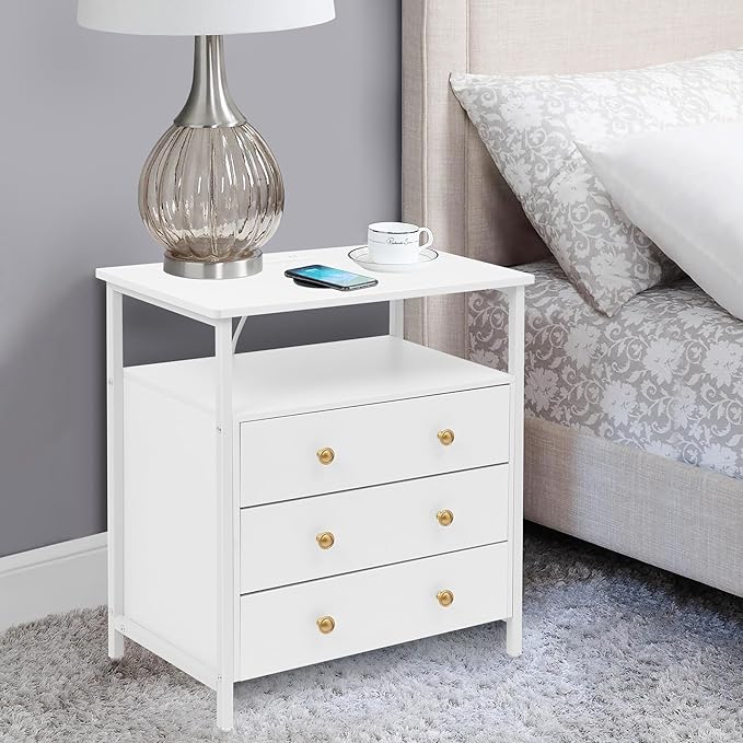 3 Wooden Drawers Night Stand, 27 Inch Wide Nightstand with Charging Station and Adjustable Drawers, Small Dresser for Closet, Bedside Table for Living Room/Bedroom/Office, White.