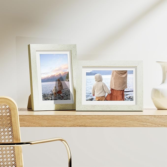 Vittanly 5x7 Picture Frames Set of 9, Shatter Resistant Plexiglass, Display 4x6 Pictures with Mat or 5x7 without Mat, Photo Frames for Wall or Tabletop, Engineered Wood, Whitemist