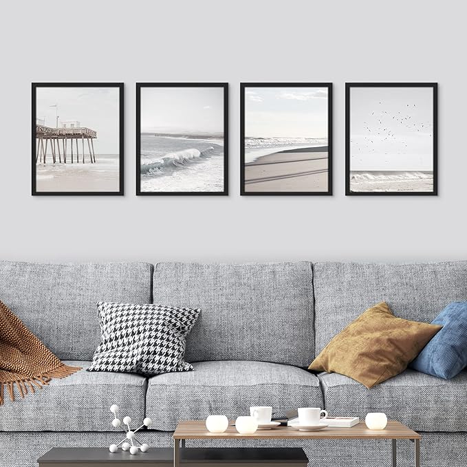 SIGNWIN Framed White Minimalist California Ocean Beach Seashore Pier Wall Art, Set of 4 Landscape Colorful Wall Decor Prints, Nature Wilderness Wall Décor for Living Room, Bedroom - 11"x14" Black