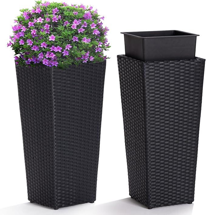 IDZO Wicker All-Weather Planter Set with Liners Tall Plant Decor Box for Outdoors Patio Herb Garden Furnishings - Rectangular Mocha