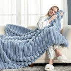 Cozy Bliss Faux Fur Throw Blanket for Couch, Cozy Warm Plush Striped Blanket for Sofa Bedroom Living Room,60 * 80 Inches Light Blue