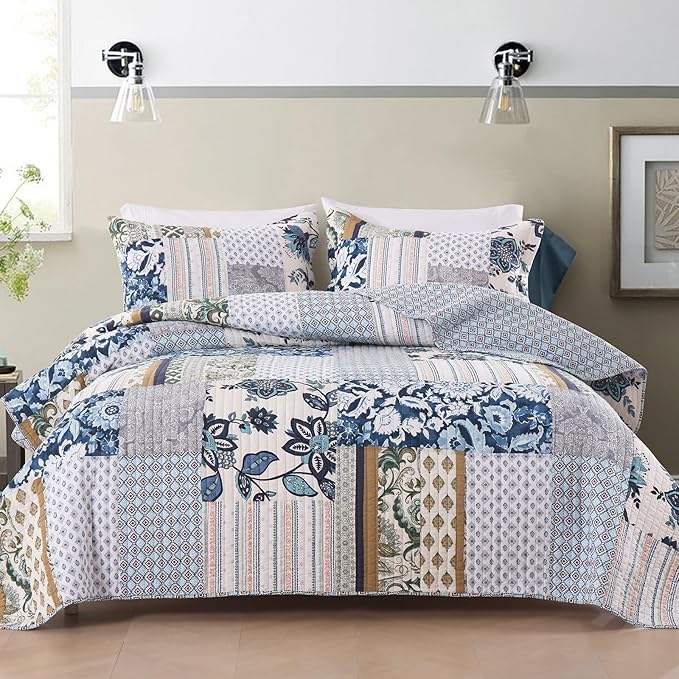 Yvooxny Queen Quilt Set Reversible Quilted Bedspread 3-Piece Lightweight Floral Real Patchwork Coverlet Bedding Set with Pillowcases for All Seasons, 98 * 90 Inches