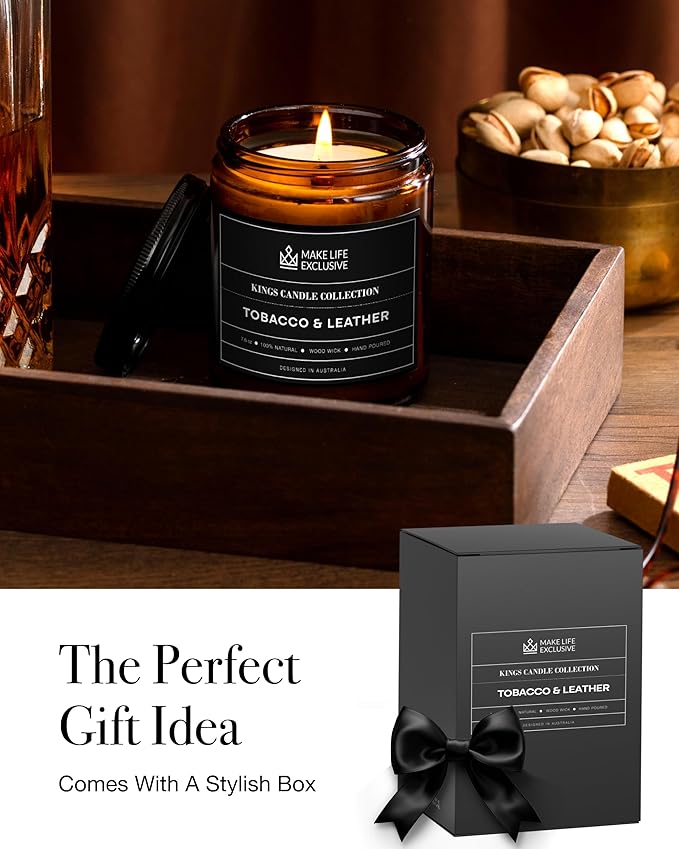 Scented Candles for Men | Tobacco & Leather Scented | Wooden Wick, Long Lasting, Masculine Scents | Natural Soy Jar Candle for Home, Bacehlor Pad Decor | The Perfect Mens Gift