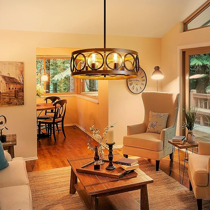 XINGQI 21.7'' Modern Chandelier, Farmhouse Drum Chandeliers for Dining Room Living Room Bedroom 5-Light Pendant Lighting Round Black Metal Antique Wood Grain Finish Adjustable