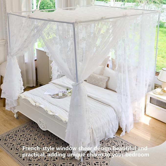 AIKASY Elegant Lace Princess 4-Poster Bed Canopy Mosquito Net - Romantic Wedding Bridal Bedroom Decor, Kids Room Bed Curtain for Women Adults - (White-4,Full)