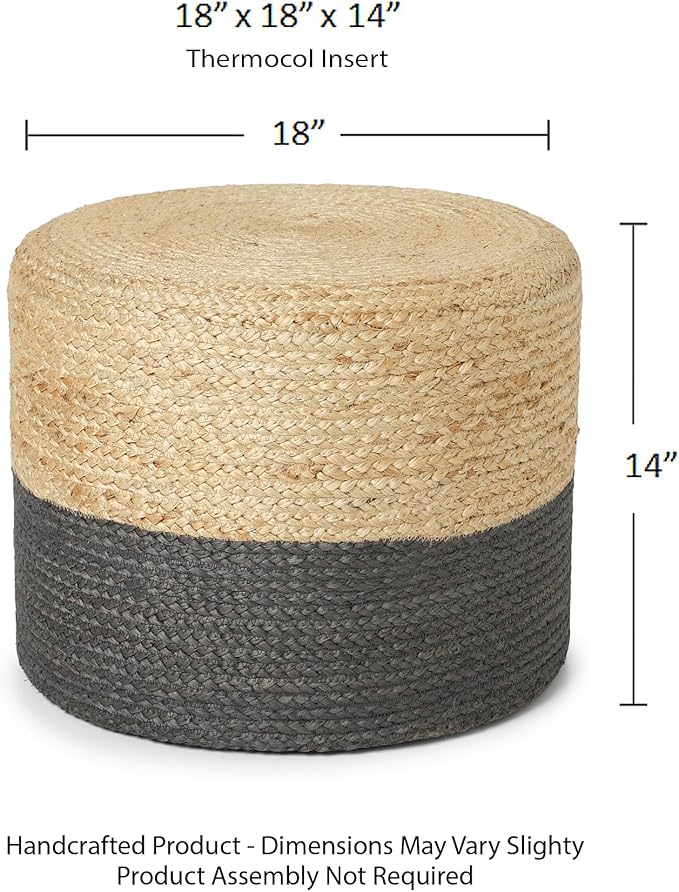 REDEARTH · Cylindrical Pouf Foot Stool Ottoman - Jute Braided Pouffe Poof Accent Sitting Footrest for Living Room, Bedroom, Nursery, Patio, Lounge & Other Rooms (Natural Gray, 18"x18"x14")