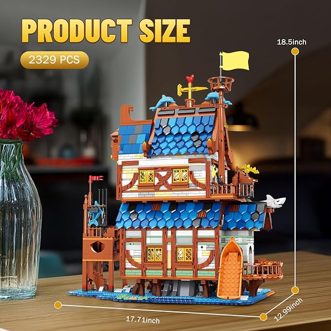 Reobrix Medieval Fishing Store Lighting Building Block Sets for Adults, Medieval Architecture Display or Home Office Decor, Creative Construction Building Kits 66007, Idea Gift for Adults