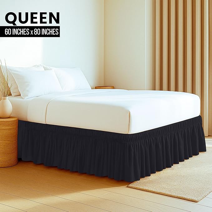 Utopia Bedding Queen Elastic Bed Ruffle - Easy Wrap Around Ruffle - Microfiber Bed Skirt with Adjustable Elastic Belt 16 Inch Tailored Drop - Hotel Quality Bedskirt, Fade Resistant (Queen, Black)