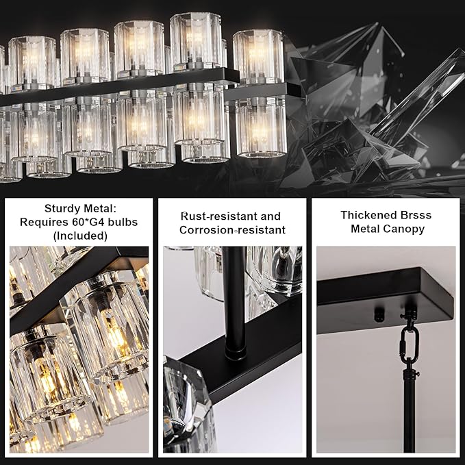 Crystal Black Rectangular Chandelier Light Fixture,54 in Dining Room Chandeliers Over Table,Modern Chandeliers For Living Room,Arcachon Chandelier,Kitchen Island Chandeliers Includes 60xG4 Bulbs