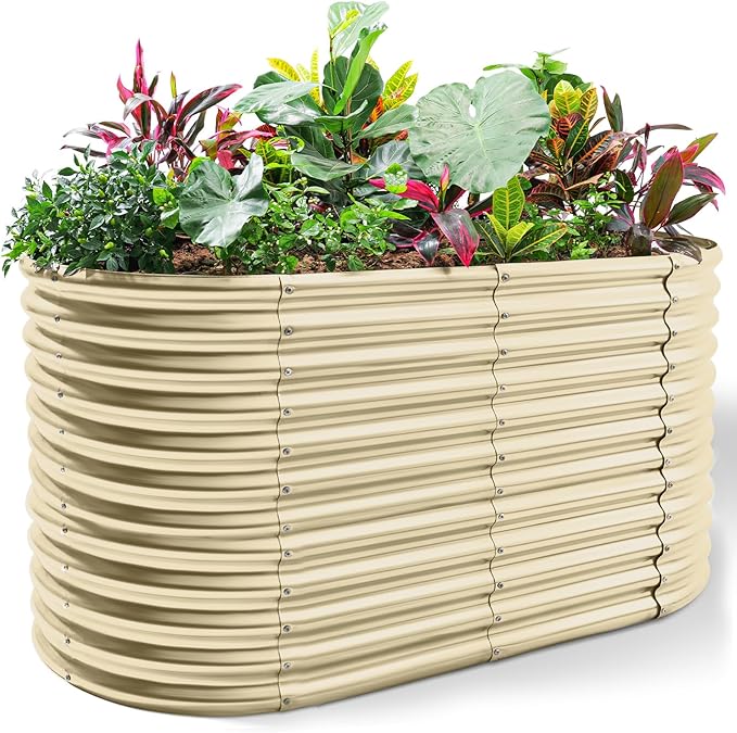 Land Guard 8x4x3ft Oval Galvanized Raised Garden Beds, Large-Capacity Metal Planter Box Outdoor, Durable Deep Raised Garden Bed 3ft Tall, Raised Beds for Gardening Vegetables, Cream Yellow