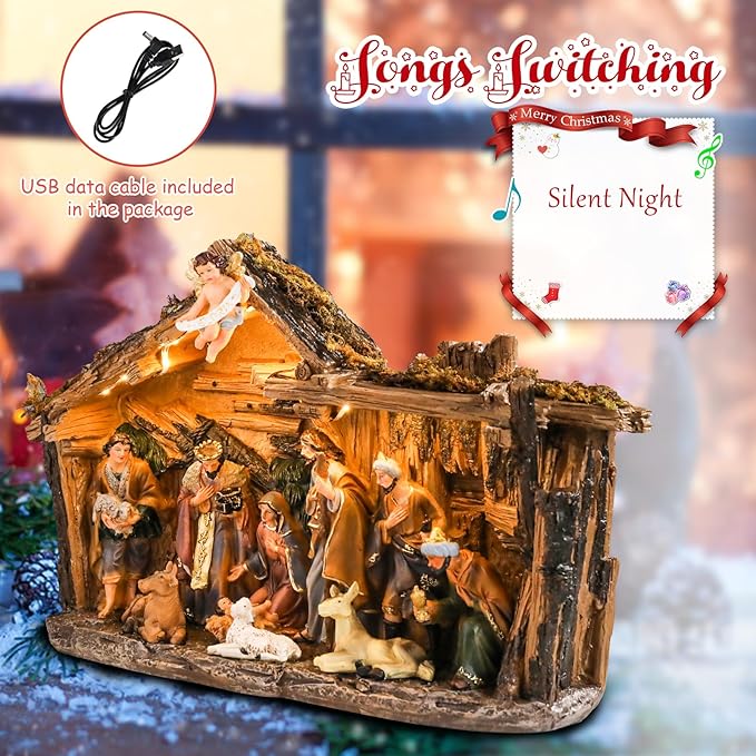 Taman Nativity Set with LED Light - Resin Figurines Tabletop Nativity Scenes Xmas Gifts Collectibles for Christmas Holiday Decorations