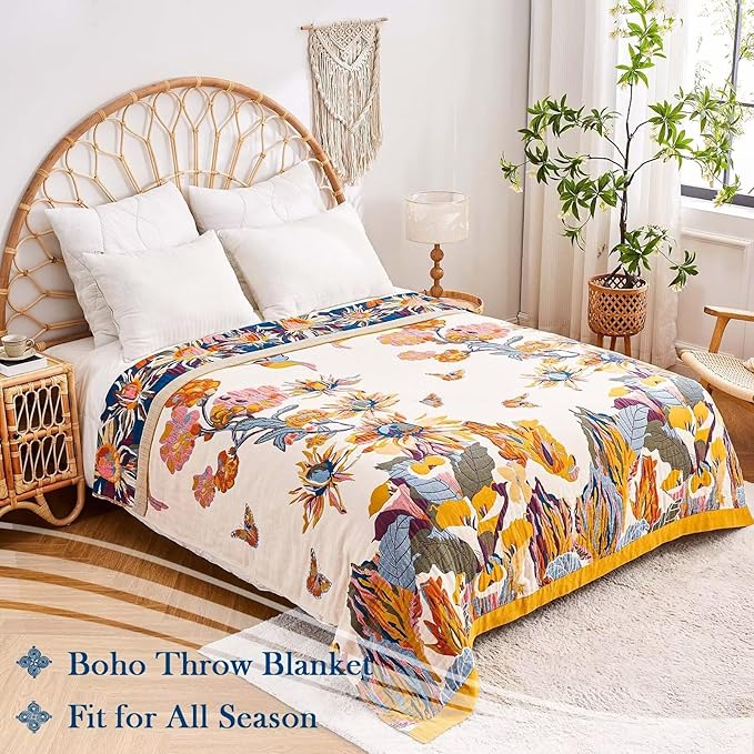 Boho Throw Blanket, 100% Cotton Ultra Soft Luxury Throw Rustic Quilt, 80"x90" Floral Bird Butterfly Farmhouse Decor Bed Blankets, All Season Rustic Reversible Bohemian Throw for Bed - Yellow