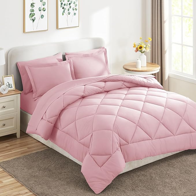 CozyLux Full Size Comforter Sets Pink - 7 Pieces Bed in a Bag Full, Luxury Soft Bed Set for All Seasons, Bedding Set with Down Alternative Comforter, Sheets, Pillowcases & Shams