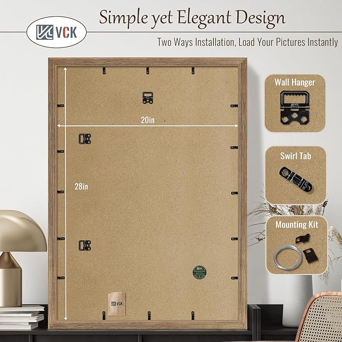 VCK 20x28 Picture Frame 3 Pack - Brown Walnut, Natural Textured Solid Wood Picture Poster Frame, Wall Gallery Frame