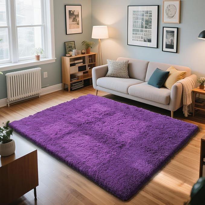 Purple Fluffy Rug Shaggy Area Rug, 3x5 Area Rugs for Girls Bedroom, Soft Cute Baby Play Mat, Indoor Floor Carpet for Teen, Nursery, Preppy Dorm, Plush Aesthetic Bedside Rug