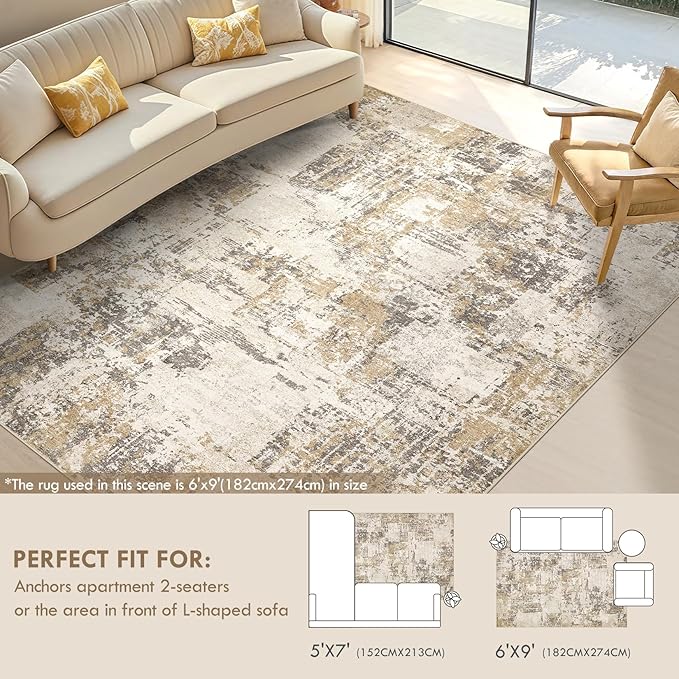 Tortania Washable 5x7 Area Rug for Living Room: Modern Abstract Neutral Large Soft Thin Rugs - Non Slip Indoor Carpet for Bedroom Dining Room Office Nursery Home Floor Decoration - Beige/Brown/Gray