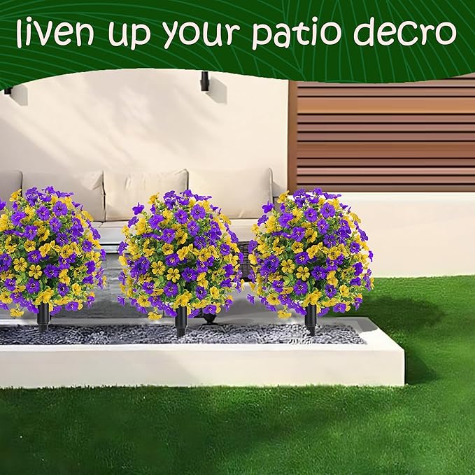 22.8" Set of 2 Fall Artificial Boxwood Topiary Ball with Spikes,UV Resistant Fake Outdoor shrubs with Violet Flowers, Faux Plants Bushes for Garden Front Porch Yard Patio Decor (Yellow+Purple)