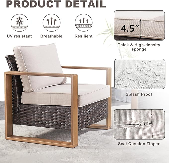 Wicker Outdoor Patio Chairs Set of 2, Rattan Patio Furniture Chairs with Sturdy Frame,All-Weather PE Wicker,Wide Armrest,Deep Seating and Thick Cushions for Deck Porch Garden(Brown/Beige)