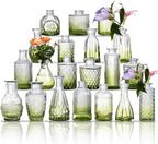 Glass Bud Vase Set of 20 - Small Vases for Flowers in Bulk - Assorted Vintage Crystal Vases for Flowers, Table Centerpieces (Green, 20 Pcs)