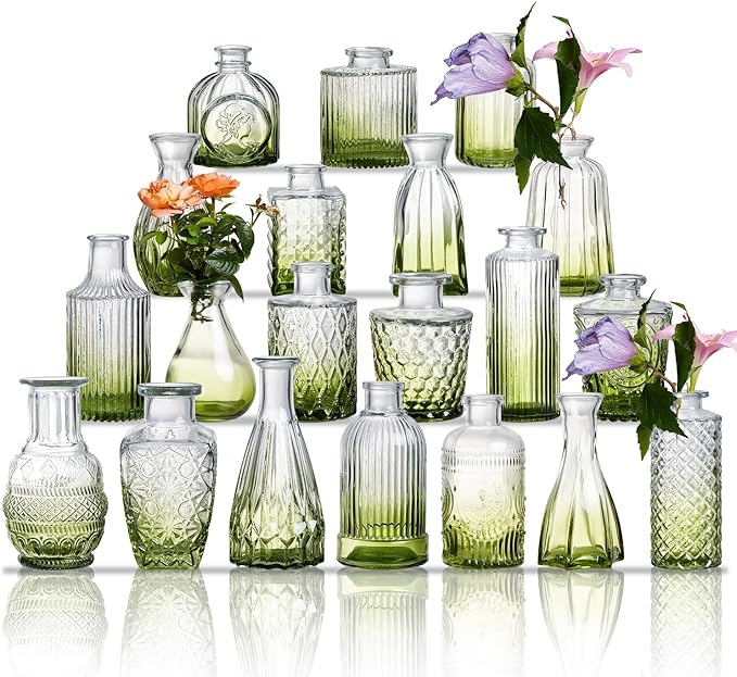 Glass Bud Vase Set of 20 - Small Vases for Flowers in Bulk - Assorted Vintage Crystal Vases for Flowers, Table Centerpieces (Green, 20 Pcs)