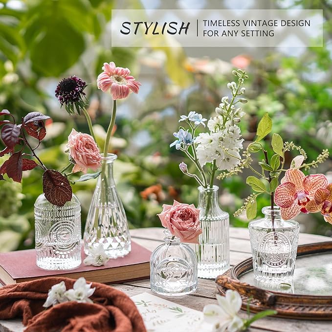 Glass Bud Vase Set of 5, Clear Small Flower Vases for Centerpieces in Bulk, Mini Vintage Vase for Rustic Wedding, Home,Table