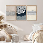 SIGNINART Blue and Beige Framed Canvas Wall Art Set, Neutral Abstract Tree Ring Wall Decor, Minimalist Dots and Line Artwork, Geometric Pattern Art Paintings for Living Room, Bedroom, Office 16"x24"x3