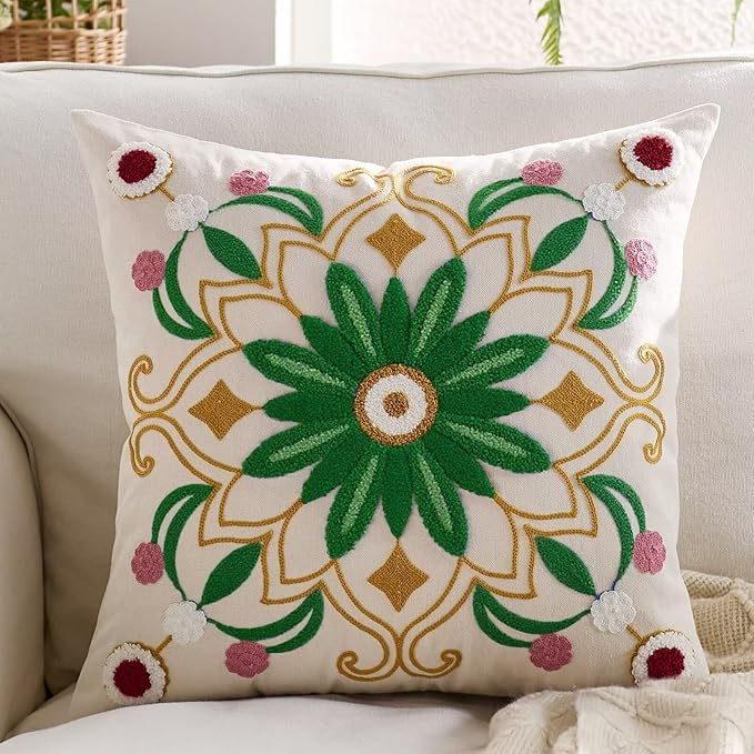 Embroidered Throw Pillow Cover 22x22 Classic Boho Floral Pattern Pillows Cover Outdoor Decorative Pillowcase,Durable Cozy Textured Cushion Case for Sofa Couch Bed Living Room,Green Yellow