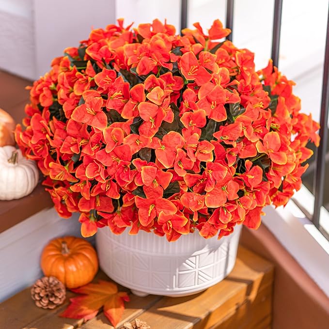 Ivydale Artificial Fall Flowers for Outdoors, 4 Bundles Fake Bougainvillea Flower Realistic Silk Flowers for Outside, Faux Fall Flowers for Outdoor Planters Patio Porch Home Decorations, Orange