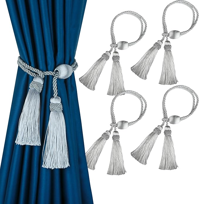 Curtain Tiebacks with Tassel,Modern Rope Window Curtain Ties Backs for Draperies, Outdoor Elegant Decorative Curtain Holdbacks 4 Pack