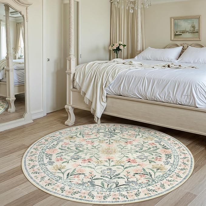 Wonnitar Floral Round Rugs 6ft, Boho Large Machine Washable Circle Rug, Low Pile Soft Flower Botanical Print Beige Round Carpet for Living Room Bedroom Dorm Sunroom