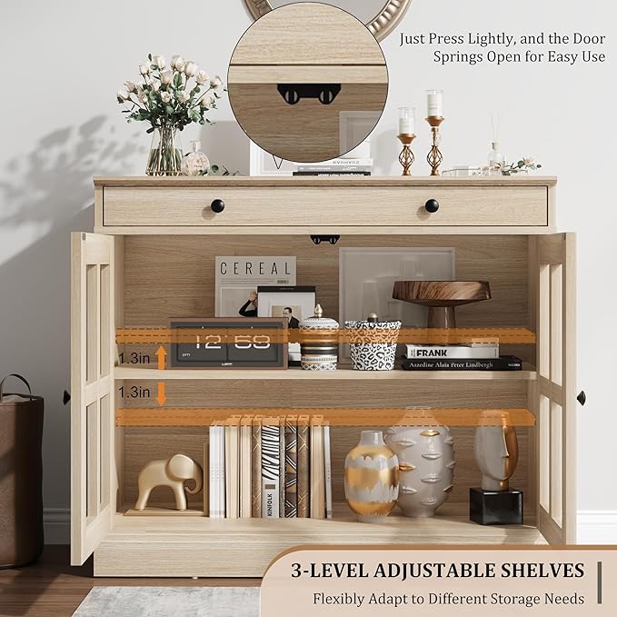 GarveeHome 35.4 in Sideboard Buffet Cabinets with Glass Door, Buffet Cabinet with Storage, Oak Sideboard Cabinet with Drawer, Modern Buffets & Sideboards for Dining Room, Kitchen