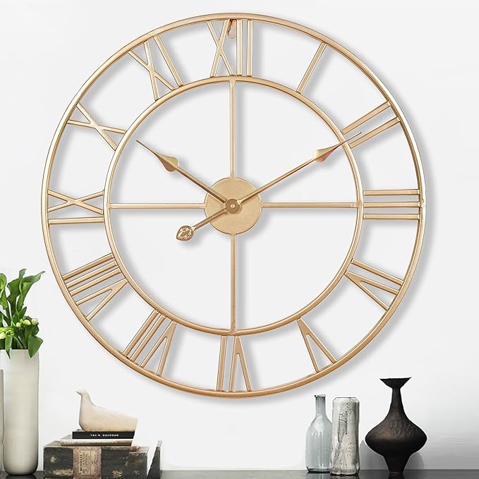 CLXEAST Champagne Gold Metal Wall Clock, Large Roman Numeral 24 Inch Wall Clocks for Living Room Decor,House Warming Gifts New Home