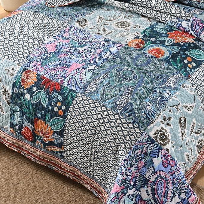 Cotton Bedspread Quilt Bedding Sets Reversible Coverlet Sets 3 Pieces Vintage Floral Blue Teal Patchwork Bedspread, Queen Size