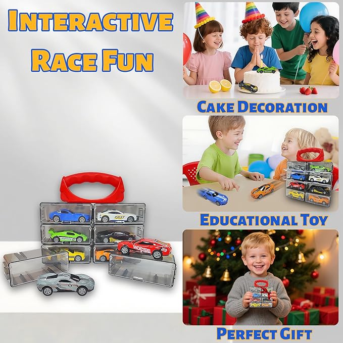 KIDAMI 8 Pack Die Cast Metal Toy Cars, 1:64 Scale Model Race Cars with Storage Case, Pull Back Vehicles Set for Kids Toddlers Adults Gift