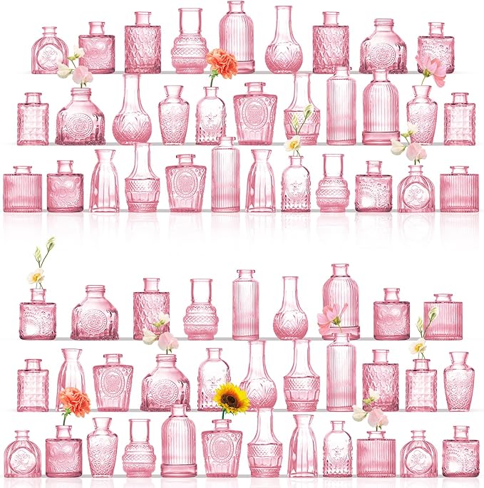Bud Vases in Bulk 64, Glass Vases for Centerpieces, Small Vases for Flowers, Small Flower Vase for Centerpieces, Mini Vintage Vase, Pink Bud Vases for Wedding Table Decor