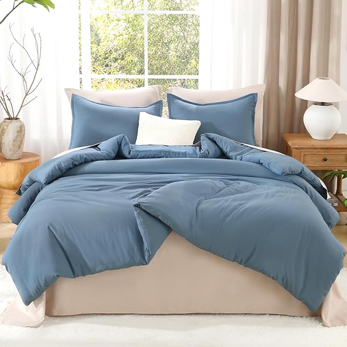 Litanika Oversized King Comforter Set Grayish Blue Super King Size, 3 Pieces Lightweight Solid Bedding Comforter Set, All Season Fluffy Bed Set (120x120In Comforter & 2 Pillowcases)