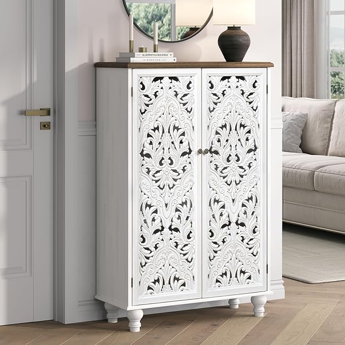 47" Tall Storage Cabinet with Doors and Shelves, Wood Accent Cabinet with Distressed Finish, Buffet & Sideboard for Living Room, Entryway, Dining Room, Bedroom, White