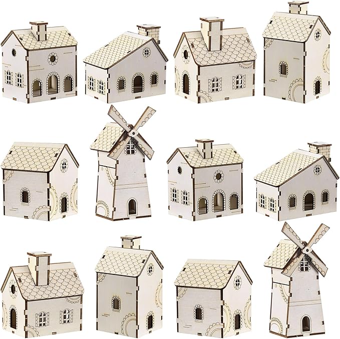 Hiboom 24 Pcs DIY Christmas Village Sets Wood Gingerbread Houses Christmas Mini Wooden House Gift for Winter Xmas Party Crafts Decorations