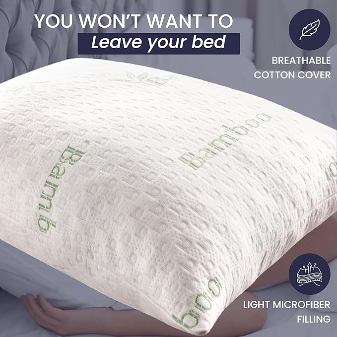 Queen Size Bamboo Pillow for Sleeping with Plush Fiber Fill Pillow Queen Size Set of 2, for Side Back Stomach Sleeper with Adjustable to Soft/Firm, Washable Cover, (Pack of 2)