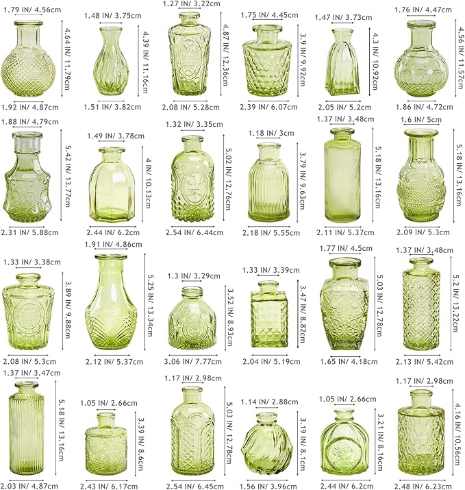 Embossed Bud Vases Set of 24, Vintage Flower Vase Green Glass Mini Vases for Centerpieces, Decorative Small Vase Bulk for Flowers, Wedding Table Decorations, Party, Baby Shower, Home Decor,